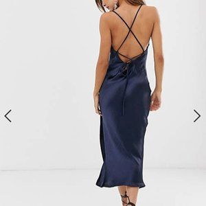 Navy Blue Satin Midi Dress